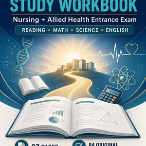 Pode incluir: O TEAS 7 STUDY WORKBOOK para o exame de admissão em enfermagem e saúde aliada cobre leitura, matemática, ciências e inglês. Contém 87 páginas e 84 questões de prática originais. A capa mostra um livro aberto, uma calculadora e uma fita de DNA.