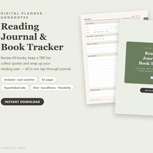 May include: A digital reading journal and book tracker planner for GoodNotes, featuring a light green cover with the text Reading Journal & Book Tracker, a tap-to-start button, and an internal page layout with fields for book details, ratings, and notes.