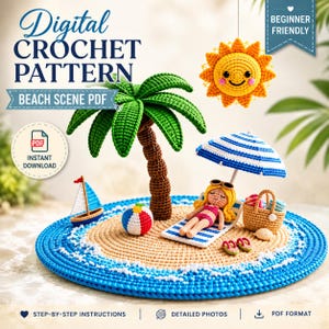 Puede incluir: Un patrón de ganchillo digital para una escena de playa con una palmera, un sol, un velero, una pelota de playa, una persona en una tumbona bajo una sombrilla a rayas azules y blancas, y una cesta, con el texto Digital Crochet Pattern.