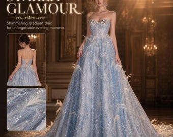 Himmelblaues Feen-Abendkleid, Glitzer-Tüllkleid mit Federn für Fotoshootings