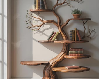 Everwood Sculpted Timber Tree Bookshelf, Handmade Wooden Tree Bookcase, Rustic Solid Wood Display Shelf, Organic Bookshelf,Custom Home Decor