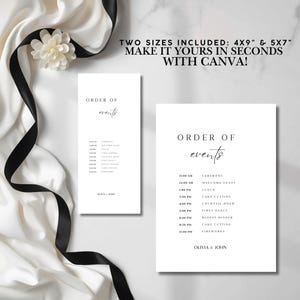 May include: Two white wedding order of events cards in 4x9 inch and 5x7 inch sizes with black serif and script text reading Order of Events, listing ceremony, toast, lunch, cake cutting, cocktail hour, dance, dinner, and fireworks for Olivia & John.