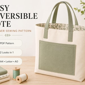 Könnte beinhalten: Eine wendbare Tragetasche mit cremefarbener Außenseite, salbeigrünen Henkeln und einer passenden salbeigrünen Vordertasche. Das Innenfutter hat ein kleines Blumenmuster. Text: EASY REVERSIBLE TOTE, BEGINNER SEWING PATTERN, PDF Pattern, 2 Looks in 1, A4, Letter, A0.