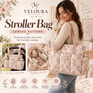 Pode incluir: Um molde de costura para bolsa de carrinho de bebê da Veloura Patterns Co. com estampa floral em fundo creme. A bolsa possui vários bolsos externos e internos, alças de ombro resistentes e fecho de pressão. Inclui ícones de download em PDF.