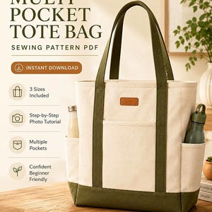Multi Pocket Tote Bag Sewing Pattern PDF, 3 Sizes, Organized Interior
