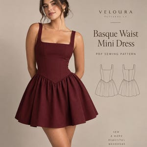 Basque Waist Mini Dress Sewing Pattern, Square Neck A-Line, Princess Seam, XXS-4XL PDF