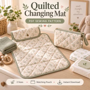 May include: A quilted changing mat and matching pouch featuring a cream fabric with a delicate green floral print and sage green trim. The set includes a folded mat with a snap closure, a zippered pouch, and folded cloths, all displayed as a PDF sewing pattern.
