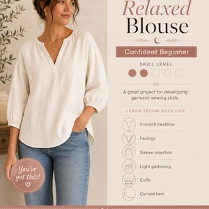 Może przedstawiać: Wykrój krawiecki dla bluzki Nora Relaxed Blouse, przedstawiający białą bluzkę z dekoltem w serek, rękawami trzy czwarte z mankietami i zaokrąglonym dołem. Tekst zawiera 'Nora Relaxed Blouse', 'Confident Beginner' oraz 'Lunara Studio'.
