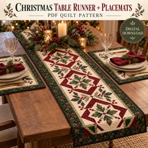 Christmas Table Runner & Placemat Quilt Pattern PDF, 3 Runner Sizes