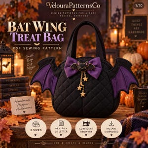 May include: A black quilted treat bag featuring purple bat wings on the sides and a purple bow at the top. A gold-toned charm of a bat with stars and a crescent moon hangs from the center. The text reads Bat Wing Treat Bag PDF Sewing Pattern.