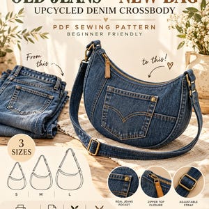 Upcycled Denim Crossbody Bag Sewing Pattern: Old Jeans PDF, 3 Sizes, Beginner Friendly