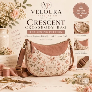 May include: A crescent crossbody bag PDF sewing pattern by Veloura Patterns Co. The bag features a floral print fabric with a solid mauve contrast panel, a zip closure, and an adjustable brown strap. Includes text for 3 sizes and formats.