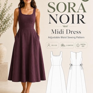 May include: A dark purple midi dress with a square neckline and side pockets. The digital PDF sewing pattern, titled Sora Noir, includes technical line drawings showing front and back views with adjustable waist ties and two length options for US sizes 0-30.