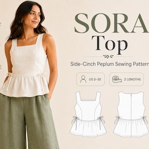 Op de afbeelding: Een digitaal PDF-naaipatroon voor de Sora Top, een mouwloze peplumtop met strikbandjes aan de zijkant en een vierkante halslijn. Het patroon bevat Amerikaanse maten 0-30 en twee lengteopties, met technische lijntekeningen van voor- en achterkant.