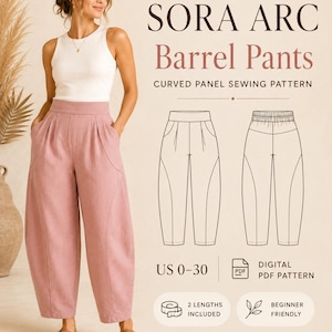 May include: A digital sewing pattern for Sora Arc barrel trousers featuring curved panels. The image displays a white tank top and dusty pink high-waisted trousers with side pockets, alongside technical line drawings, US sizes 0-30, and PDF icons.