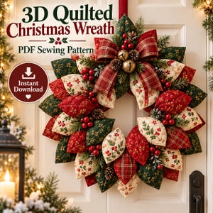 May include: A 3D quilted Christmas wreath PDF sewing pattern with instant download text. The wreath features fabric leaves in red, green, and cream with floral and plaid patterns, accented by red berries, pinecones, and two gold jingle bells.