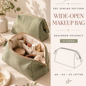 Könnte beinhalten: Eine salbeigrüne Kosmetiktasche mit goldenem Reißverschluss und offenem Innenraum mit Fächern für Kosmetikartikel. Der Text lautet PDF SEWING PATTERN WIDE-OPEN MAKEUP BAG BEGINNER FRIENDLY 4 SIZES A0 A4 US LETTER illustrated step-by-step guide.