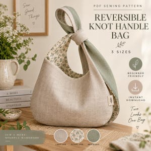 Könnte beinhalten: Eine wendbare Knotentasche mit beigefarbener Leinenaußenseite und salbeigrünem Blumenmuster auf der Innenseite. Die Tasche hat einen einzelnen geknoteten Griff und ein kleines rechteckiges Etikett an der Seite. Der Text lautet PDF SEWING PATTERN.