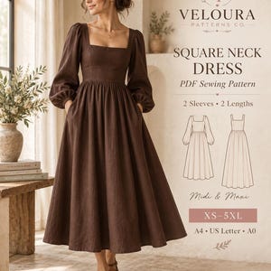 Op de afbeelding: Een bruine jurk met vierkante halslijn, lange pofmouwen en een wijde rok. De tekst luidt: VP VELOURA PATTERNS CO. SQUARE NECK DRESS PDF Sewing Pattern, 2 Sleeves, 2 Lengths, Midi & Maxi, XS-5XL, A4, US Letter, A0. De jurk heeft een aansluitend lijfje.