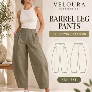 May include: A PDF sewing pattern for barrel leg pants by Veloura Patterns Co. The image displays a person wearing olive green, high-waisted, wide-leg trousers with a white tank top and white sneakers, alongside a technical line drawing of the pants.