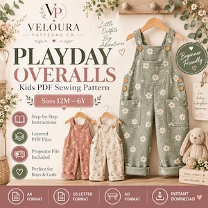 May include: A digital sewing pattern for kids' overalls titled Playday Overalls, featuring a sage green pair with a white daisy print, a dusty rose pair with a white floral print, and a cream pair with a small leaf print, all with wooden buttons.