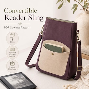 Puede incluir: Un bolso bandolera convertible de color morado oscuro con un bolsillo frontal beige, un cierre de broche metálico y una correa ajustable. El texto dice: Convertible Reader Sling, PDF Sewing Pattern, 3 Sizes, Padded Reader Pocket, Instant Download.