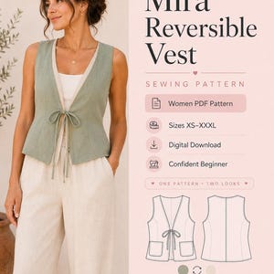Puede incluir: Un patrón de costura digital para el chaleco reversible Mira de Lunara Studio. La imagen muestra un chaleco verde salvia con cierre de lazo, usado sobre una blusa blanca y pantalones beige. Incluye dibujos técnicos y detalles de texto.
