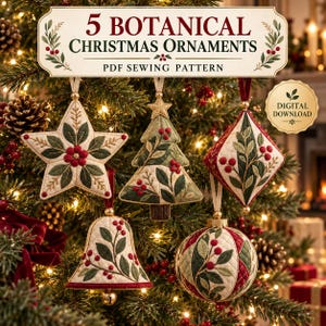 Christmas Ornament Sewing Pattern PDF, 5 Quilted Fabric Ornaments, Printable Templates