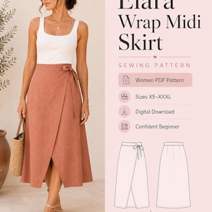 May include: A digital sewing pattern for the Elara Wrap Midi Skirt, featuring a terracotta-coloured wrap skirt with a side tie, shown on a model wearing a white tank top. The graphic includes text, icons, and line drawings of the skirt design.