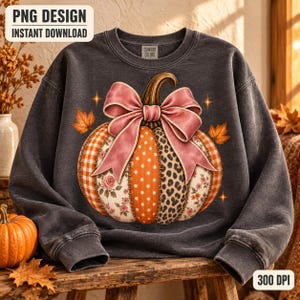 Patchwork Pumpkin PNG, Preppy Fall Sublimation Design, Coquette Bow Autumn Clipart, Leopard Gingham Pumpkin Digital Download