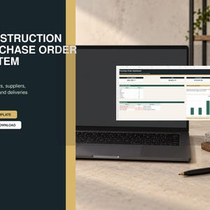 Peut inclure: Un ordinateur portable affichant un tableau de bord de système de bons de commande de construction avec des graphiques et des tableaux. L'écran présente le texte 'Purchase Order Dashboard', 'EXCEL TEMPLATE' et 'INSTANT DOWNLOAD'.