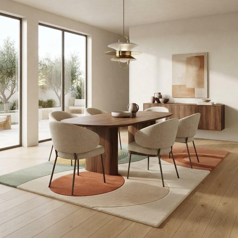 May include: A dining room set featuring an oval wooden table with a central pedestal base, surrounded by four upholstered beige chairs with thin metal legs. A large area rug with geometric shapes in orange, green, and cream sits underneath.