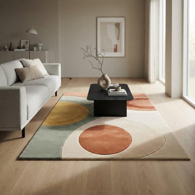 May include: A rectangular area rug featuring a geometric pattern of large circles and semi-circles in shades of mustard yellow, sage green, terracotta orange, and cream. The rug has a textured pile and is positioned on a light wood floor.