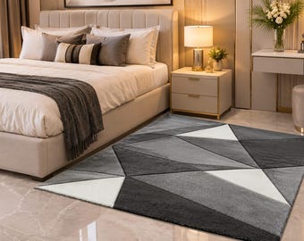 Modern Geometric Gray Area Rug, Abstract Tufted Carpet, Contemporary Handmade Rug