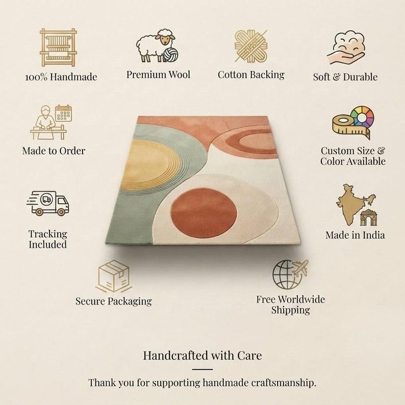 May include: A rectangular rug featuring an abstract design with overlapping circular shapes in shades of sage green, terracotta, cream, and yellow. The rug is surrounded by icons and text including 100% Handmade, Premium Wool, Cotton Backing, Soft & Durable, Custom Size & Color Available, Made in India, Secure Packaging, Free Worldwide Shipping, Tracking Included, Made to Order, and Handcrafted with Care.