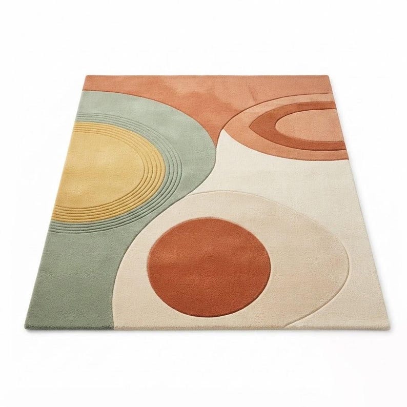 May include: A rectangular area rug featuring an abstract design with overlapping geometric shapes in shades of sage green, mustard yellow, terracotta, and cream. The surface displays varied textures with carved circular lines and smooth sections.