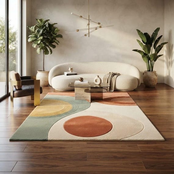 Abstract Tufted Area Rug, Modern Geometric Rug, Handmade Wool Carpet, Boho Living Room Rug, Contemporary Bedroom Decor