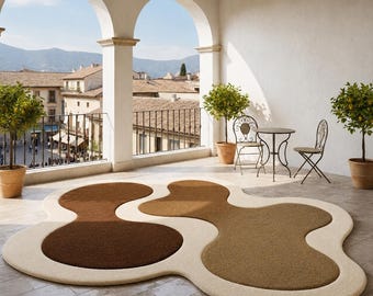 Organic Shape Tufted Rug, Brown Beige Abstract Area Carpet, Irregular Shaped Rug, Contemporary Living Room Bedroom Decor, Handmade Rug