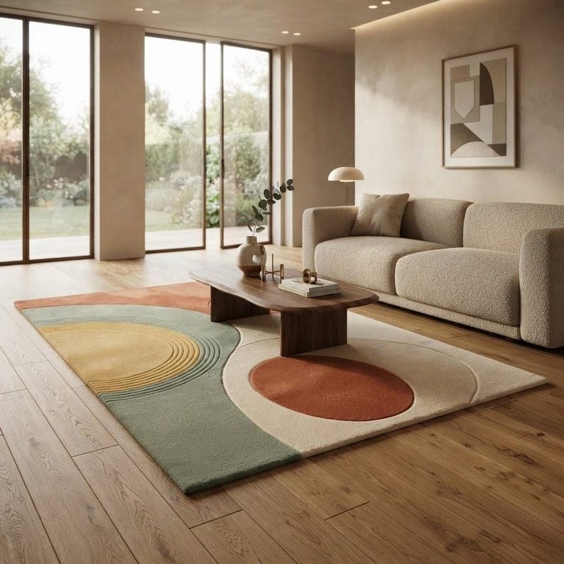 May include: A rectangular area rug featuring a geometric pattern with a large yellow semi-circle, a sage green section, and a solid terracotta circle on a cream background. The rug is placed on a wooden floor in a room with a beige sofa and coffee table.