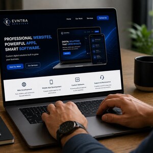 May include: A laptop screen displaying the Evntra Services website with a dark blue theme, featuring the text Professional Websites, Powerful Apps, Smart Software, and icons for web development, mobile app development, custom software, and support.