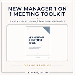 Pode incluir: Um documento digital intitulado New Manager 1 on 1 Meeting Toolkit com o subtítulo Practical tools for meaningful employee conversations. O design apresenta um fundo branco com texto azul escuro e um detalhe triangular azul no canto.