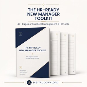 Pode incluir: Um download digital intitulado The HR-Ready New Manager Toolkit, com uma capa azul-escura e branca e mais de 40 páginas de ferramentas práticas de gestão e RH. O documento inclui páginas internas com seções pautadas e números 12, 22 e 31.