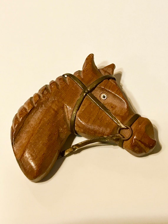 Large Art Decó Vintage Wood Hand Carved Head Hors… - image 1