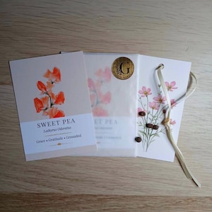 Könnte beinhalten: Drei rechteckige Papierkarten mit botanischen Illustrationen. Die linke Karte zeigt orangefarbene Duftwicken mit dem Text SWEET PEA, Lathyrus Odoratus, Grace, Gratitude, Grounded. Die rechte Karte zeigt rosa Blumen und ein schmales Band.