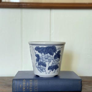 Op de afbeelding: Een witte keramische plantenpot met een handgeschilderd blauw motief van druiven en wijnranken. De pot heeft een taps toelopende cilindrische vorm met een gladde rand en staat op een blauw boek met de titel The Sword in the Stone van T.H. White.