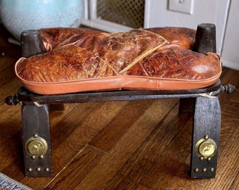 Mid-Century Egyptian Tooled Leather & Hardwood Camel Saddle Footstool