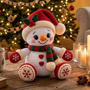 May include: A crocheted snowman doll with a red hat, a green and red striped scarf, and red mittens and feet featuring white snowflake patterns. The snowman has a white body with two red heart-shaped buttons and is positioned on a wooden table.