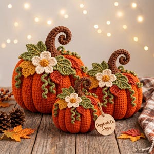 Puede incluir: Tres calabazas de ganchillo naranjas con tallos marrones rizados, hojas verdes y flores blancas. La calabaza más pequeña tiene una etiqueta redonda de madera con el texto CozyKnits Co. 3 Sizes. Las calabazas tienen una textura de punto.