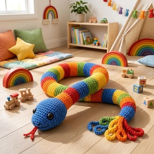 Könnte beinhalten: Ein langes, gehäkeltes Schlangenspielzeug mit einem lebendigen Regenbogen-Streifenmuster. Der Kopf ist einfarbig blau mit schwarzen Augen und einer roten gespaltenen Zunge. Das Schwanzende hat mehrere geschlungene, bunte Garnfäden in Rot, Orange, Gelb, Grün und Blau.
