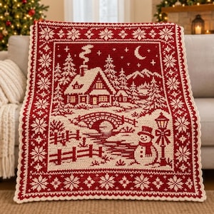May include: A rectangular crochet blanket featuring a deep red and cream winter scene. The design displays a snow-covered house with smoke rising from a chimney, a stone bridge, a snowman, and a lamppost, all framed by a border of snowflakes.